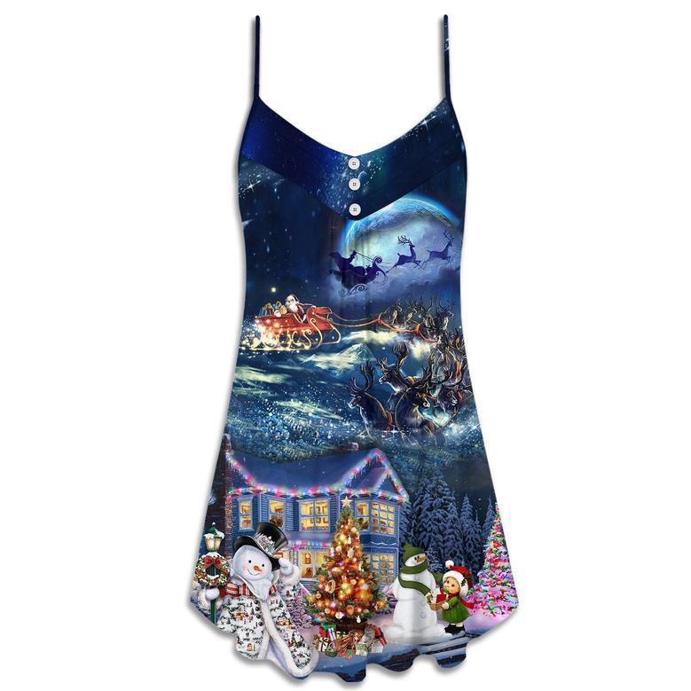 Christmas Santa Claus Family In Love Light Art Style - V-Neck Sleeveless Cami Dress