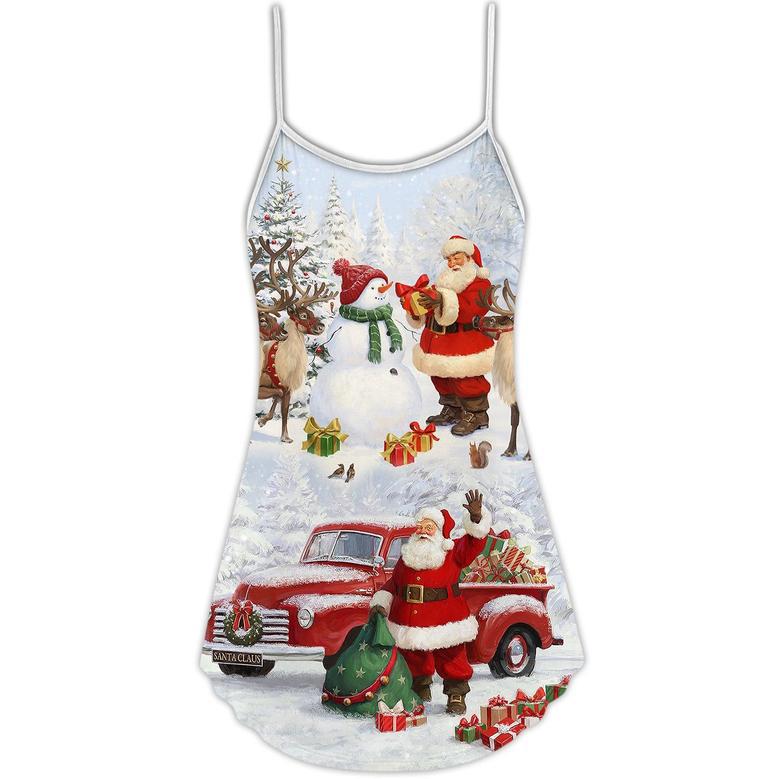 Christmas Santa Claus Gift For Xmas Snow Painting Style - V-Neck Sleeveless Cami Dress