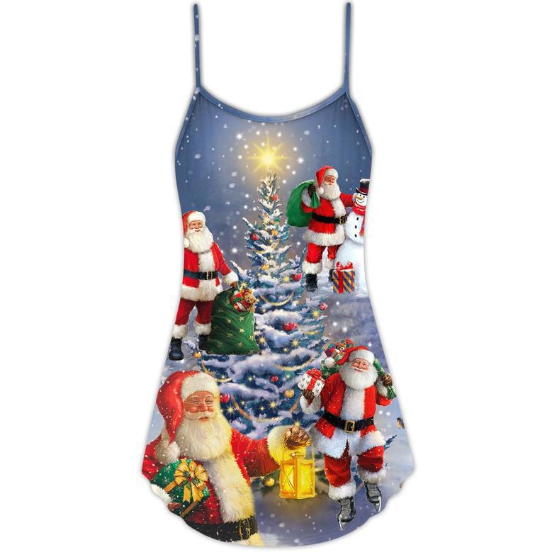 Christmas Santa Claus In Love Light Xmas Tree - V-Neck Sleeveless Cami Dress