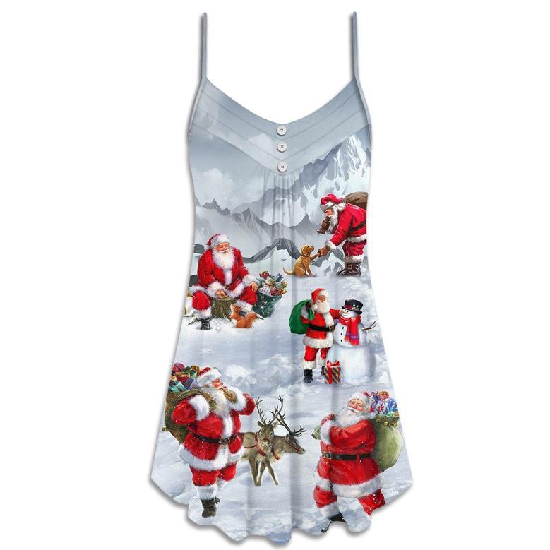 Christmas Santa Claus In The Snow Mountain Art Style - V-Neck Sleeveless Cami Dress