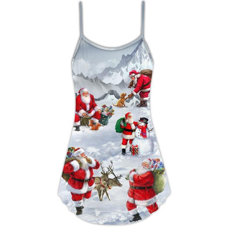 Christmas Santa Claus In The Snow Mountain Art Style - V-Neck Sleeveless Cami Dress