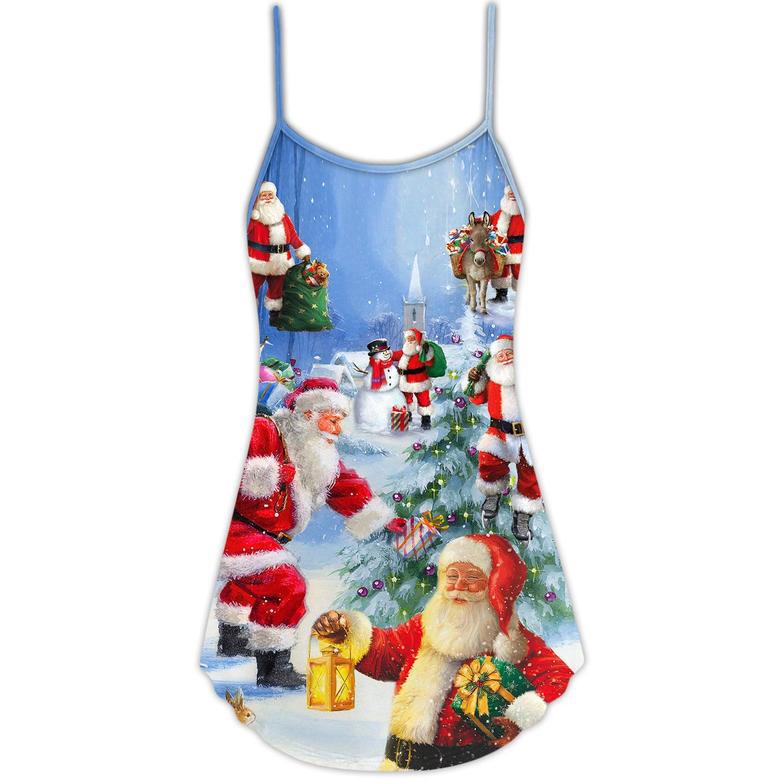 Christmas Santa Claus Is Coming Story Night Art Style - V-Neck Sleeveless Cami Dress