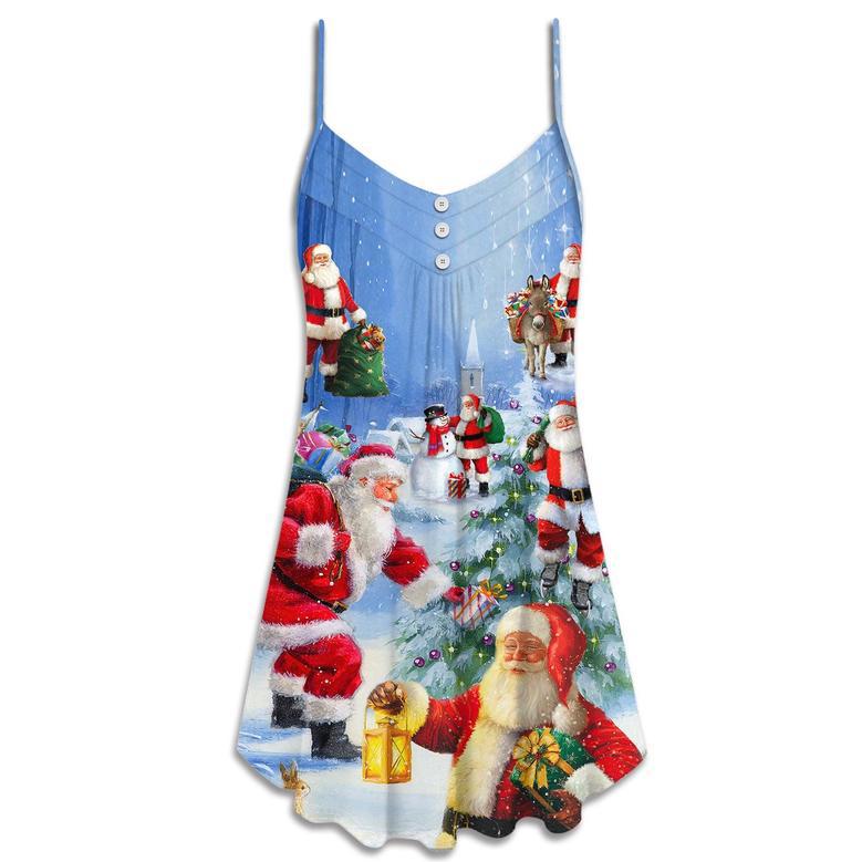 Christmas Santa Claus Is Coming Story Night Art Style - V-Neck Sleeveless Cami Dress