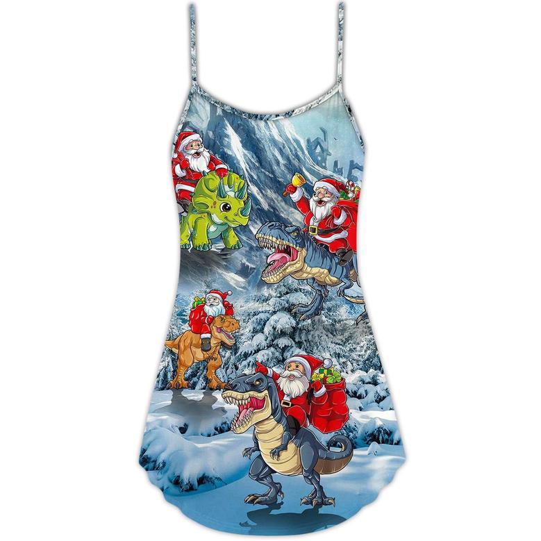 Christmas Santa Claus Riding Dinosaur Christmas Tree Gift Light Art Style - V-Neck Sleeveless Cami Dress