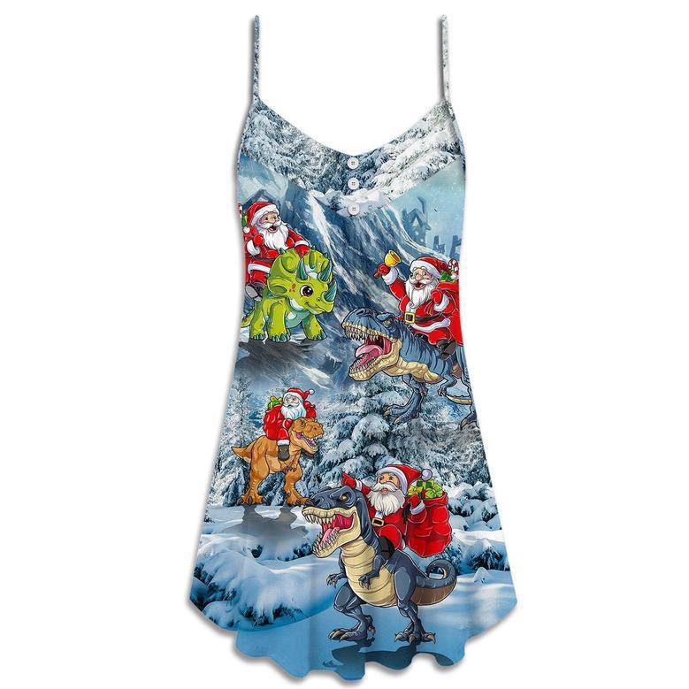 Christmas Santa Claus Riding Dinosaur Christmas Tree Gift Light Art Style - V-Neck Sleeveless Cami Dress