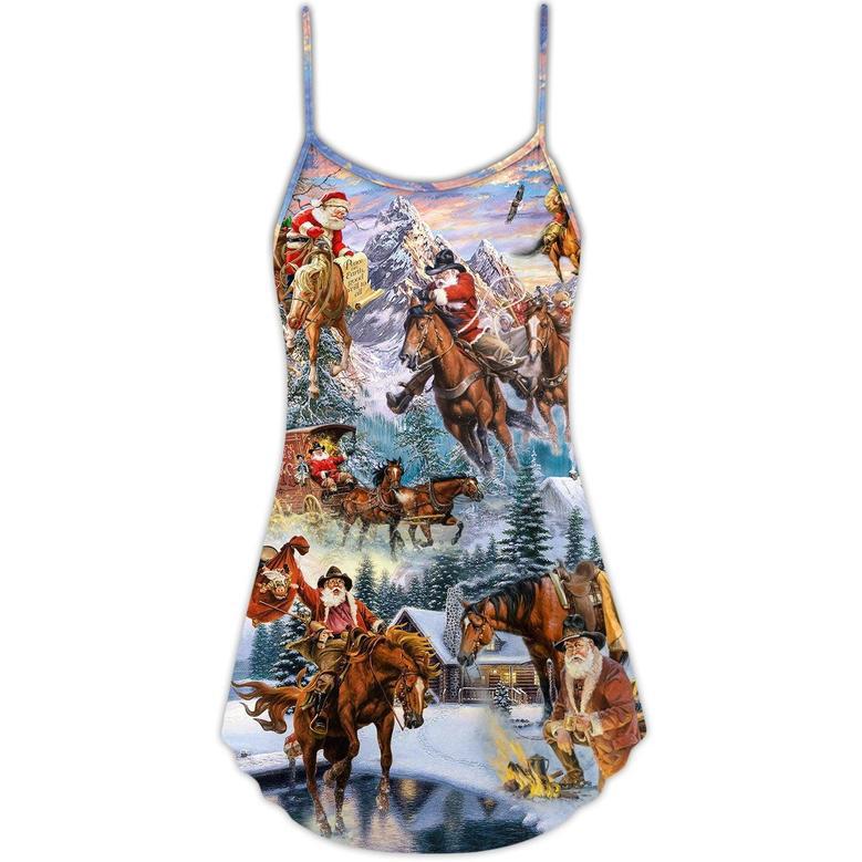 Christmas Santa Claus Riding Horse Snow Mountain - V-Neck Sleeveless Cami Dress