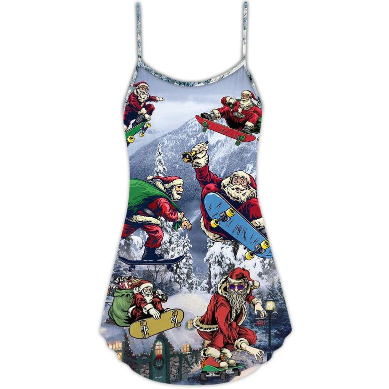 Christmas Santa Claus Skateboarding Snow Moutain Gift Light Art Style - V-Neck Sleeveless Cami Dress