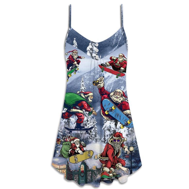 Christmas Santa Claus Skateboarding Snow Moutain Gift Light Art Style - V-Neck Sleeveless Cami Dress