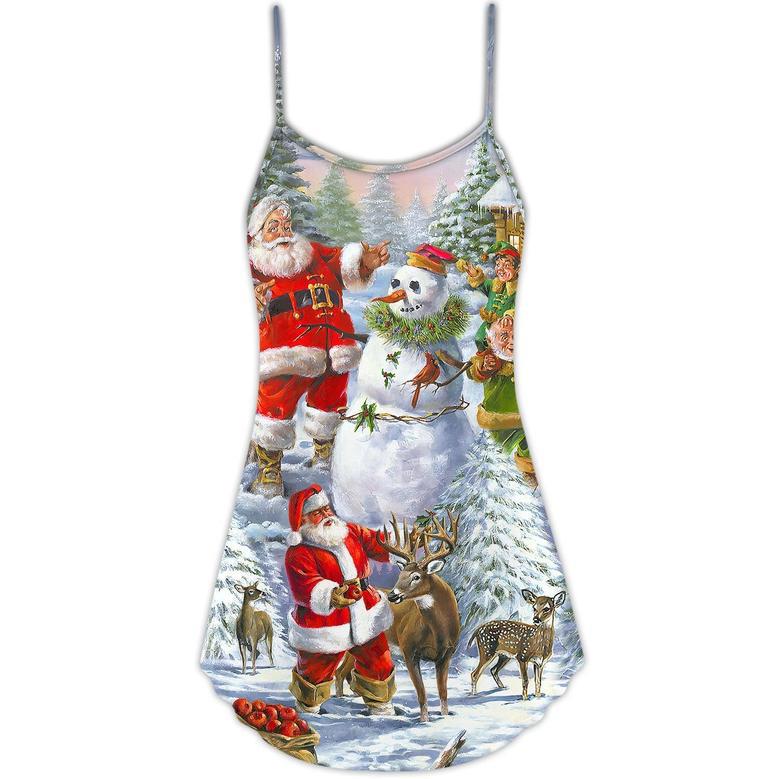 Christmas Santa Claus Snowman Elf So Happy Art Style - V-Neck Sleeveless Cami Dress