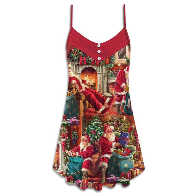 Christmas Santa Claus Story Chilling Happy Xmas Art Style - V-Neck Sleeveless Cami Dress