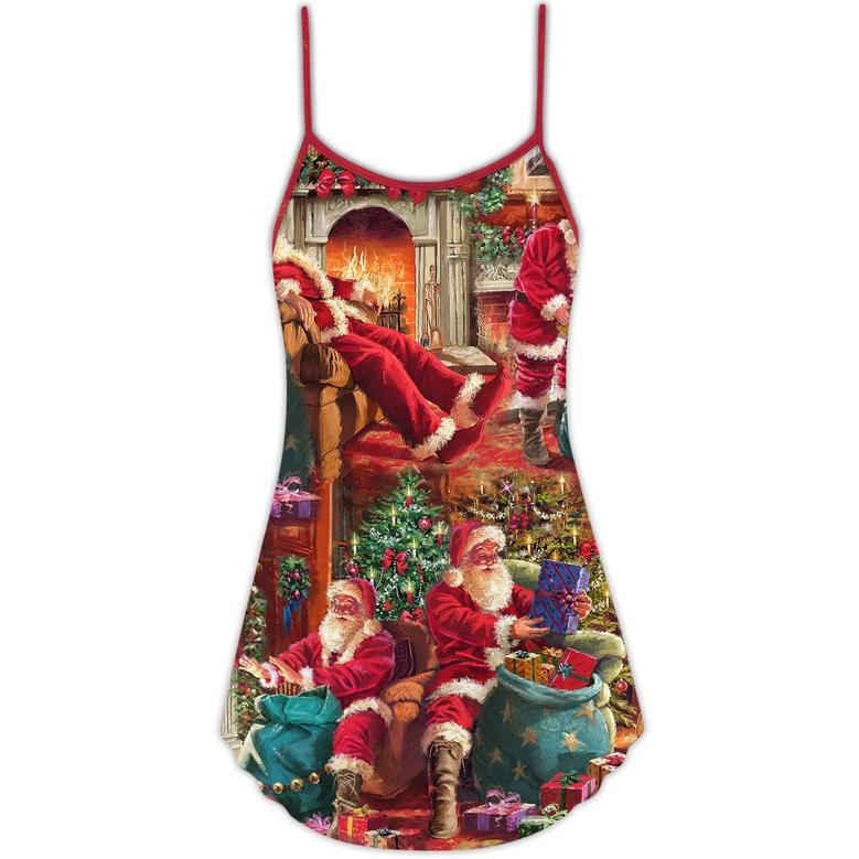 Christmas Santa Claus Story Chilling Happy Xmas Art Style - V-Neck Sleeveless Cami Dress