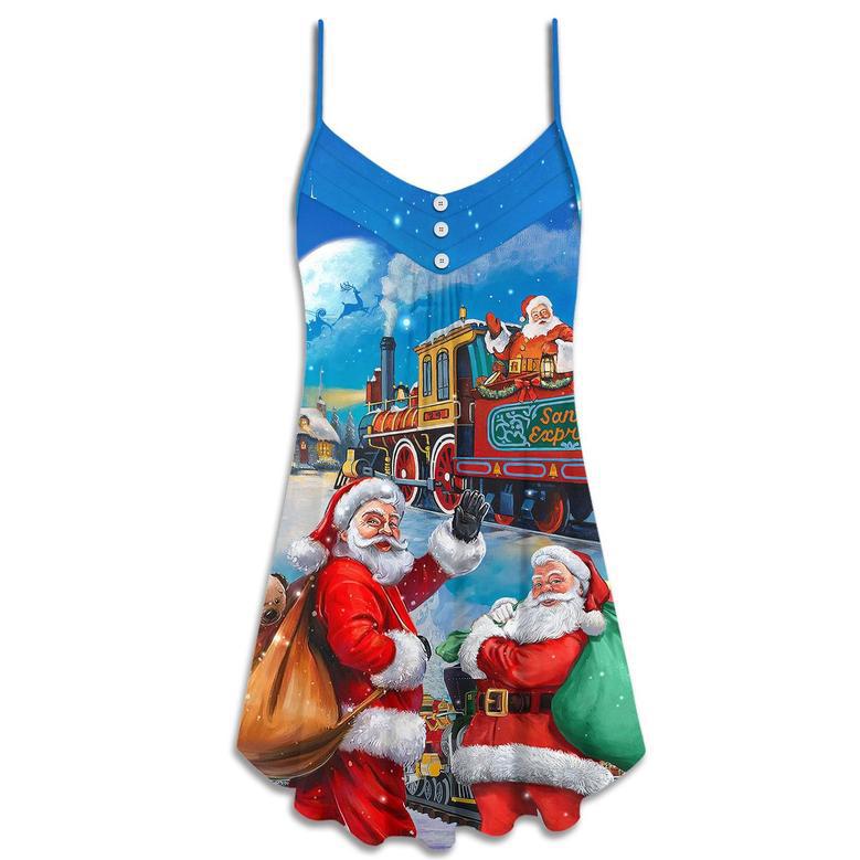 Christmas Santa Claus Train Gift For Xmas Art Style - V-Neck Sleeveless Cami Dress