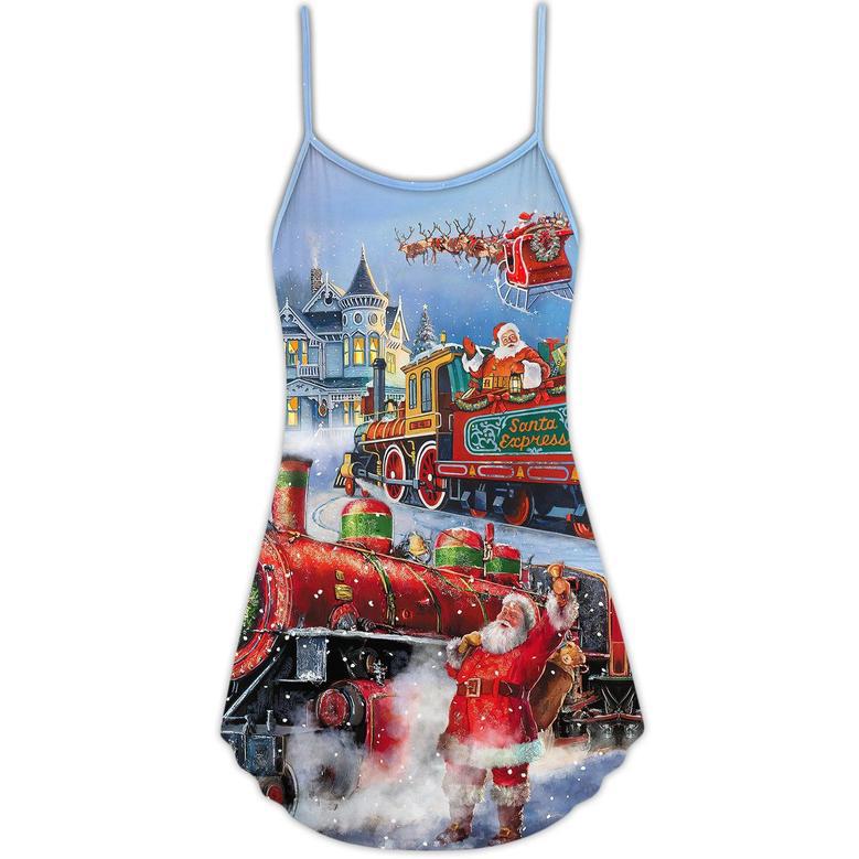 Christmas Santa Claus Train Gift For Xmas Painting Style - V-Neck Sleeveless Cami Dress