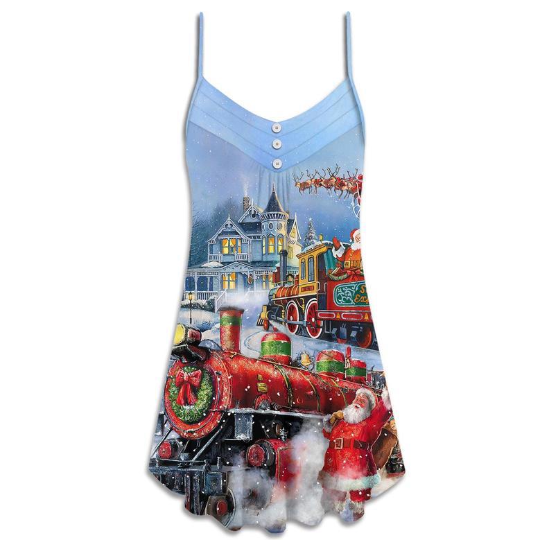 Christmas Santa Claus Train Gift For Xmas Painting Style - V-Neck Sleeveless Cami Dress