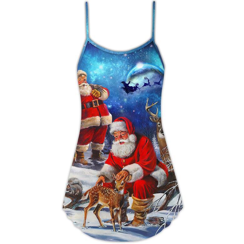 Christmas Santa Claus Xmas Is Coming Sky Night Art Style - V-Neck Sleeveless Cami Dress