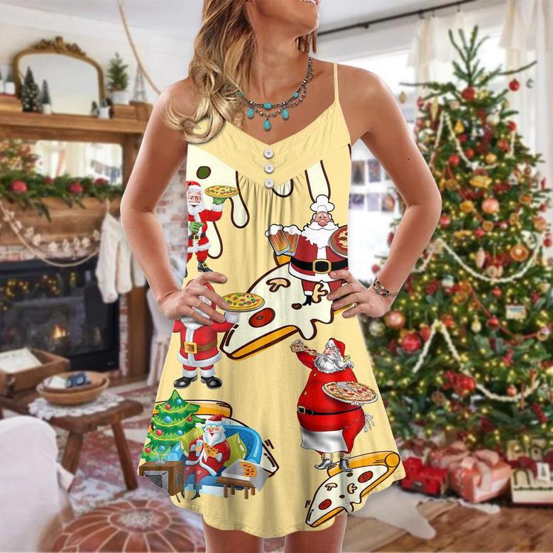 Christmas Santa Eating Pizza. It's Yummy - V-Neck Sleeveless Cami Dress