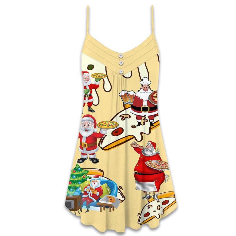 Christmas Santa Eating Pizza. It's Yummy - V-Neck Sleeveless Cami Dress