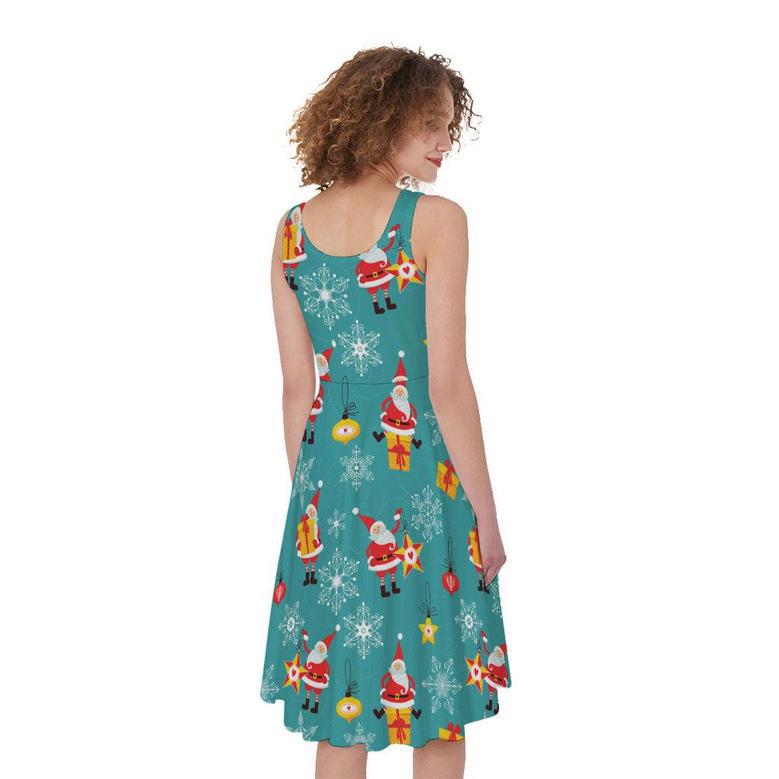 Christmas Santa Gift Pattern Print Sleeveless Knee Length Dress