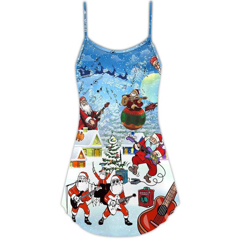 Christmas Santa Loves Music And Guitar - V-Neck Sleeveless Cami Dress