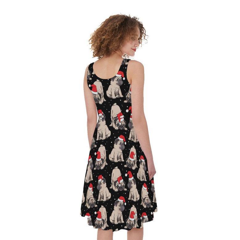 Christmas Santa Pug Pattern Print Sleeveless Knee Length Dress