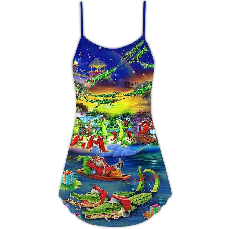 Christmas Santa Riding Alligator - V-Neck Sleeveless Cami Dress