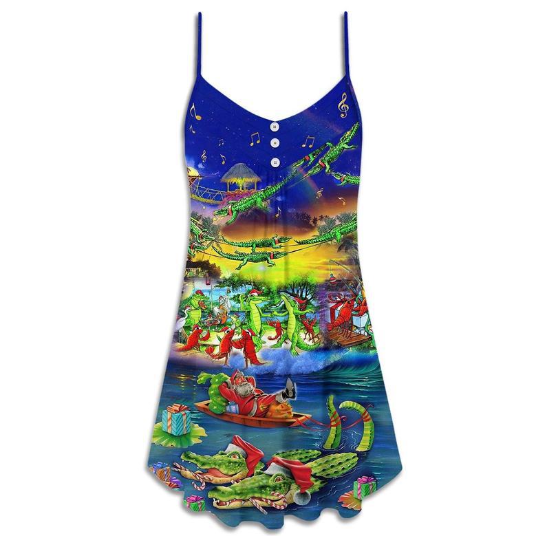 Christmas Santa Riding Alligator - V-Neck Sleeveless Cami Dress