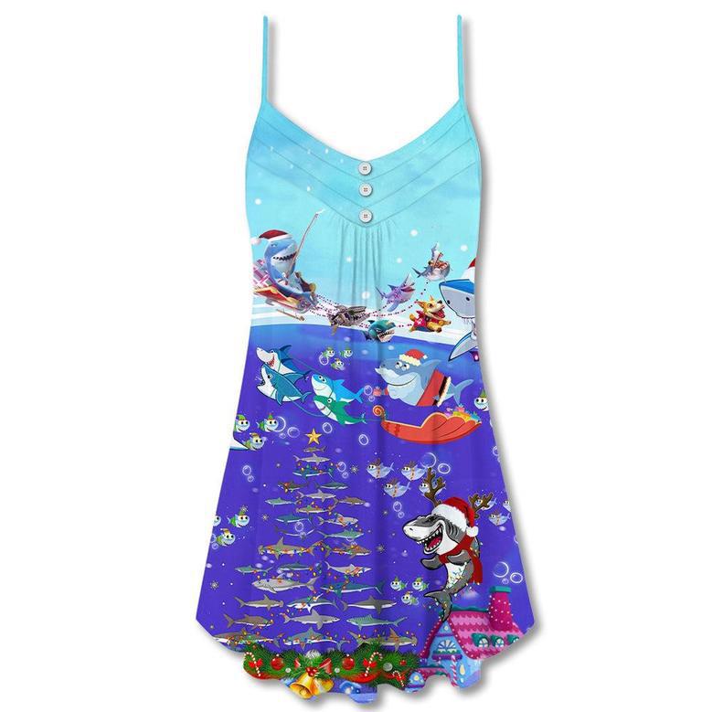 Christmas Santa Shark Sits On Rockets And Brings Gifts To Ocean - V-Neck Sleeveless Cami Dress