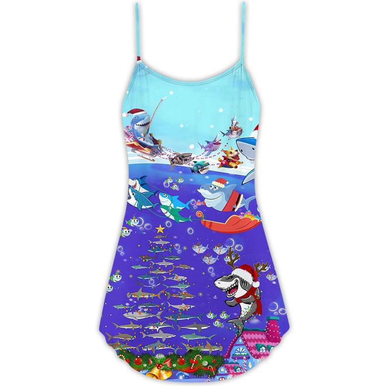 Christmas Santa Shark Sits On Rockets And Brings Gifts To Ocean - V-Neck Sleeveless Cami Dress