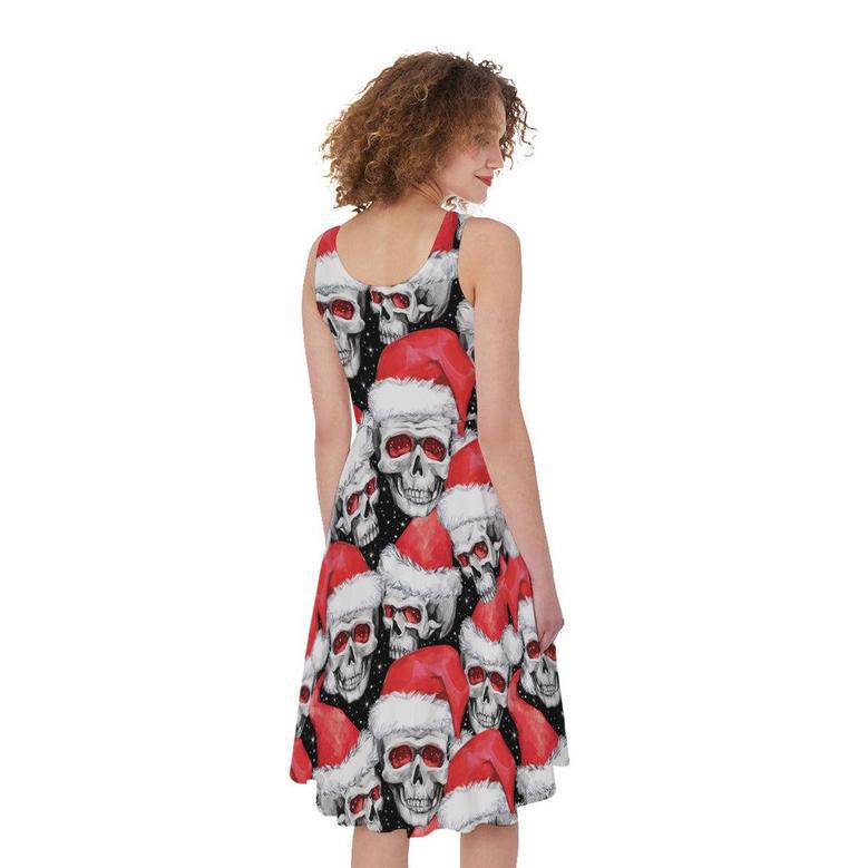 Christmas Santa Skull Pattern Print Sleeveless Knee Length Dress