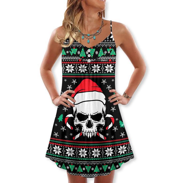 Christmas Skull Wearing Santa Claus Hat And Sweat Candy - V-Neck Sleeveless Cami Dress