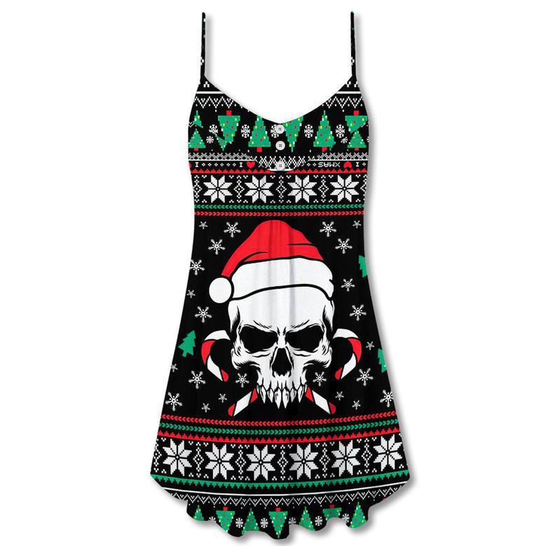 Christmas Skull Wearing Santa Claus Hat And Sweat Candy - V-Neck Sleeveless Cami Dress