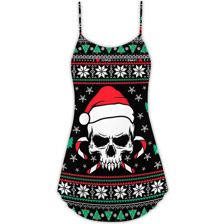 Christmas Skull Wearing Santa Claus Hat And Sweat Candy - V-Neck Sleeveless Cami Dress