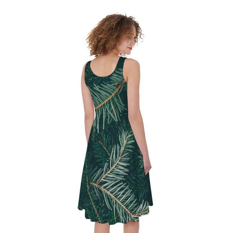 Christmas Tree Print Sleeveless Knee Length Dress