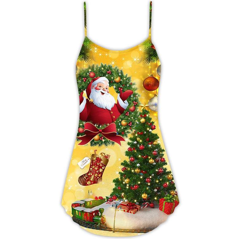 Christmas Tree Yellow With Santa Claus - V-Neck Sleeveless Cami Dress