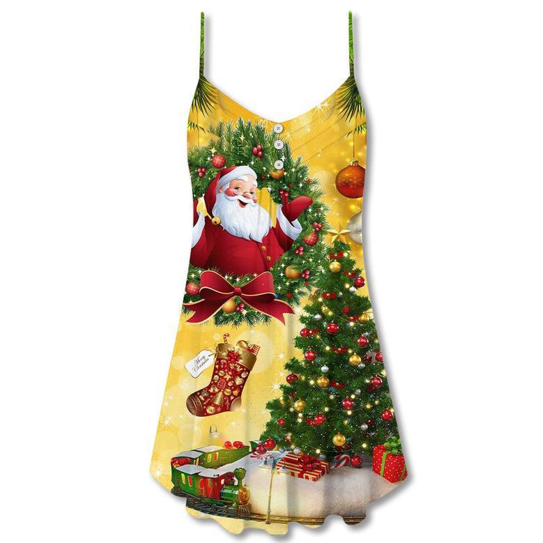 Christmas Tree Yellow With Santa Claus - V-Neck Sleeveless Cami Dress