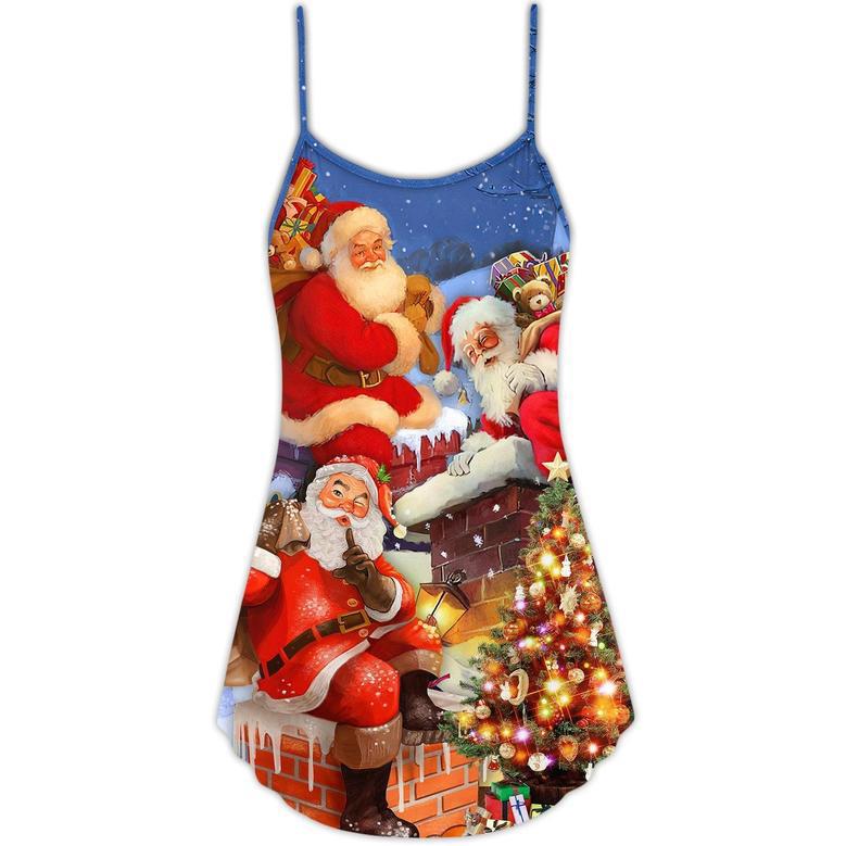 Christmas Up On Rooftop Santa Claus Art Style - V-Neck Sleeveless Cami Dress