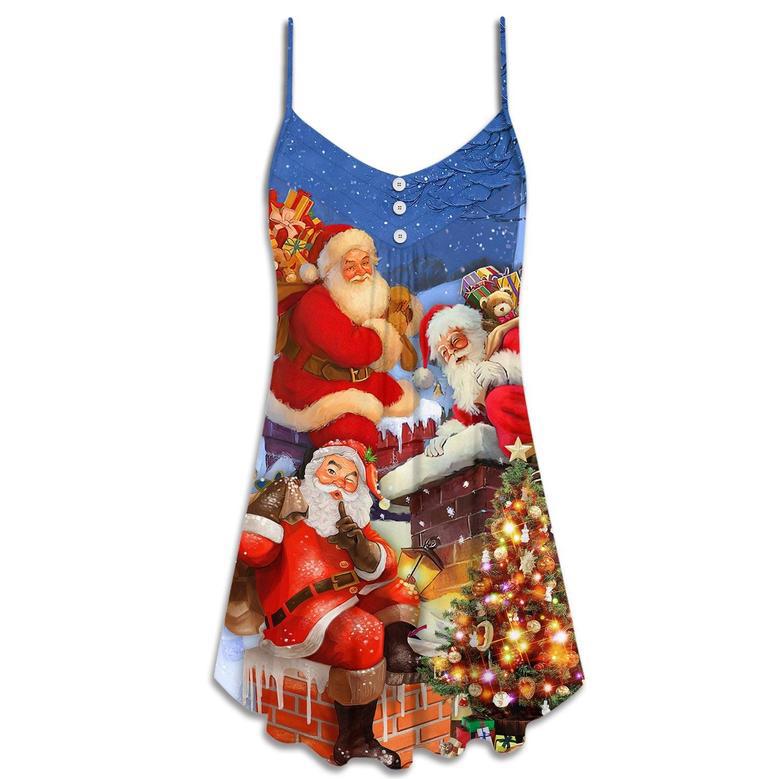 Christmas Up On Rooftop Santa Claus Art Style - V-Neck Sleeveless Cami Dress