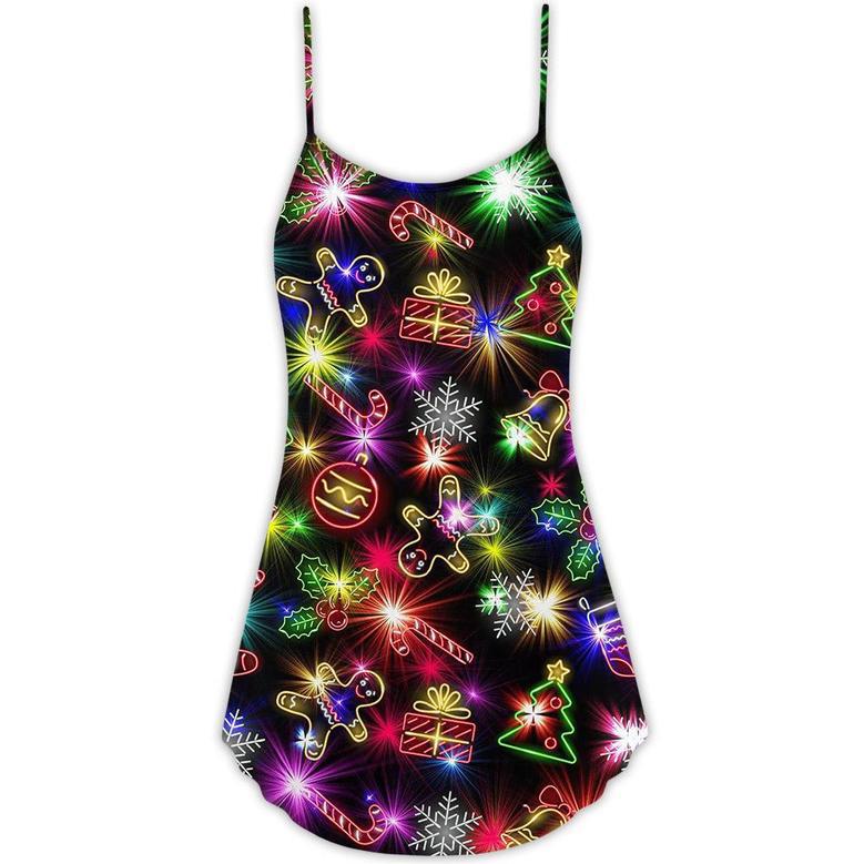 Christmas With Tree And Gift Cookies Gingerbread Man Neon Style - V-Neck Sleeveless Cami Dress