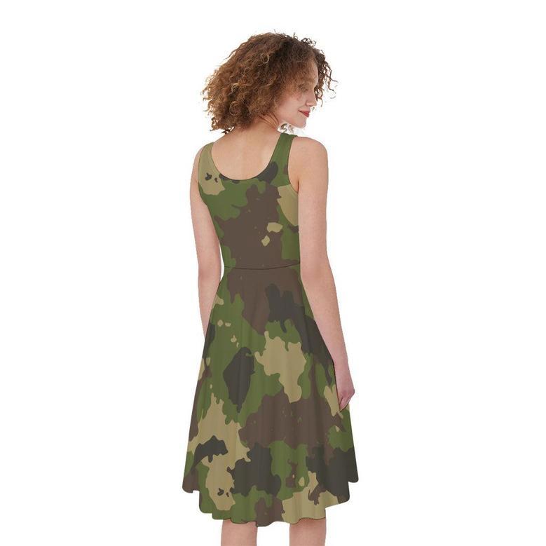 Classic Green Camouflage Print Sleeveless Knee Length Dress