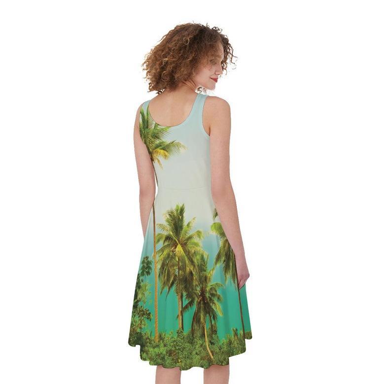 Coconut Tree Print Sleeveless Knee Length Dress