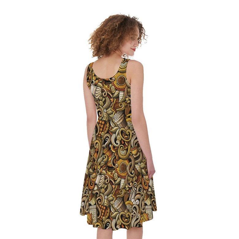 Coffee Drawing Pattern Print Sleeveless Knee Length Dress