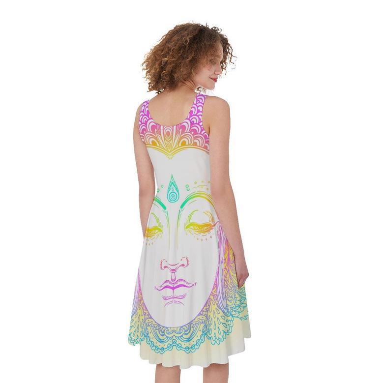 Colorful Buddha Mandala Print Sleeveless Knee Length Dress