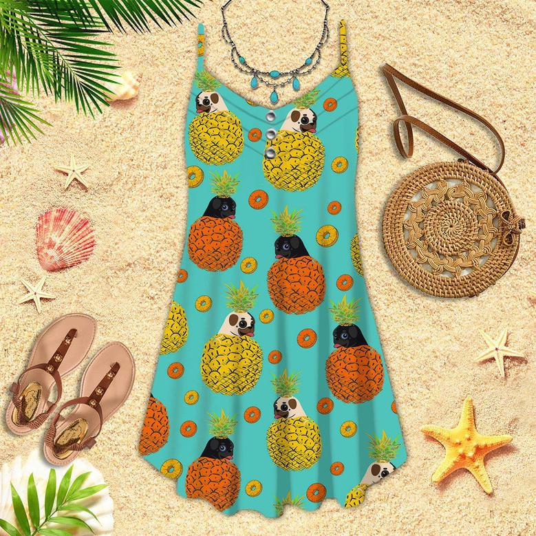 Colorful Bulldog Pineapple Spaghetti Strap Summer Dress