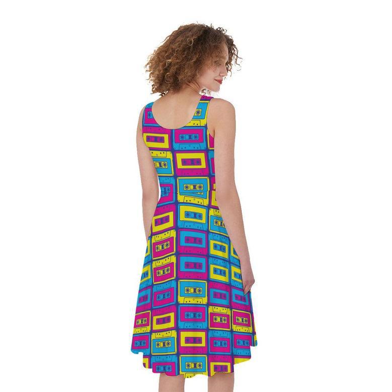 Colorful Cassette Tape Print Sleeveless Knee Length Dress