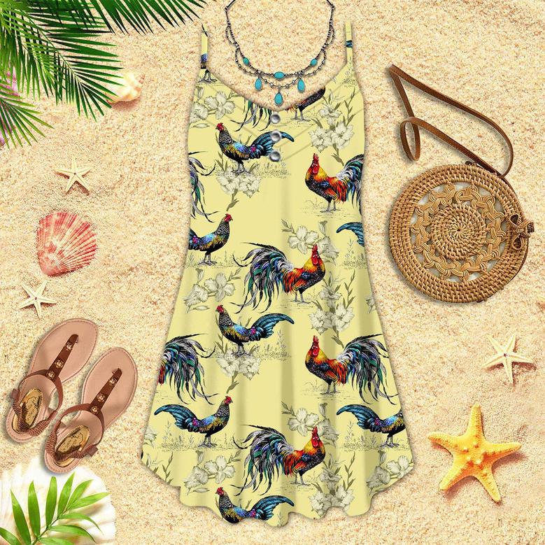 Colorful Farm Chicken Roosters Silhouettes Love Flowers Spaghetti Strap Summer Dress