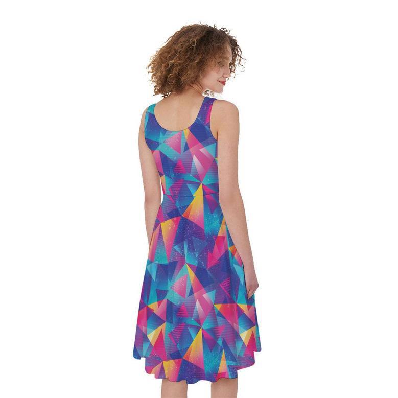 Colorful Geometric Mosaic Print Sleeveless Knee Length Dress