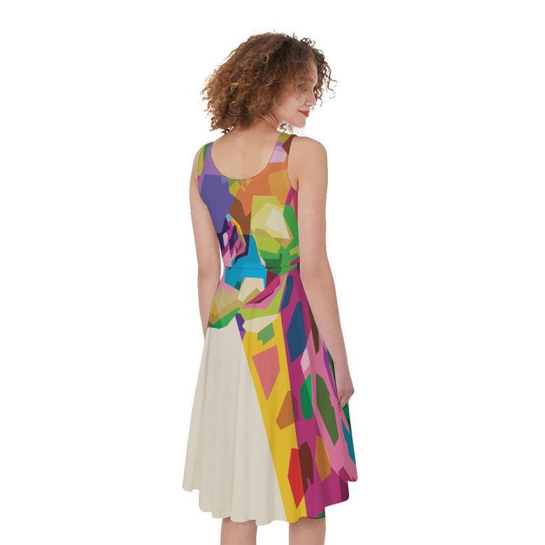 Colorful Giraffe Portrait Print Sleeveless Knee Length Dress