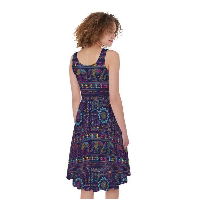 Colorful Indian Elephant Pattern Print Sleeveless Knee Length Dress