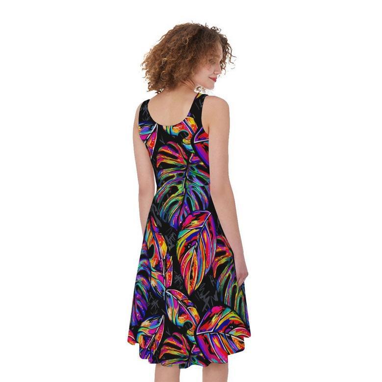 Colorful Leaf Tropical Pattern Print Sleeveless Knee Length Dress