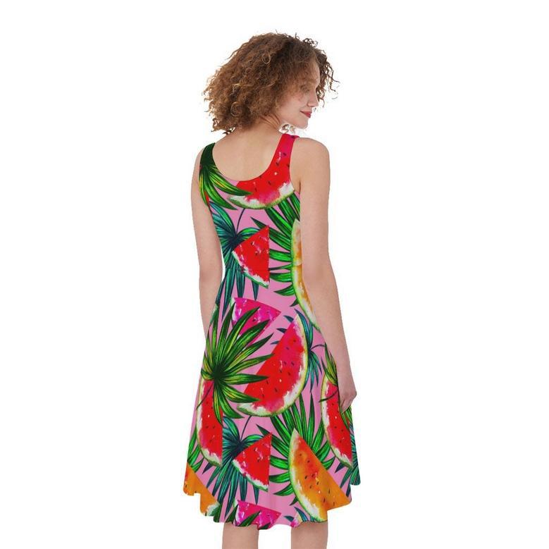 Colorful Leaf Watermelon Pattern Print Sleeveless Knee Length Dress